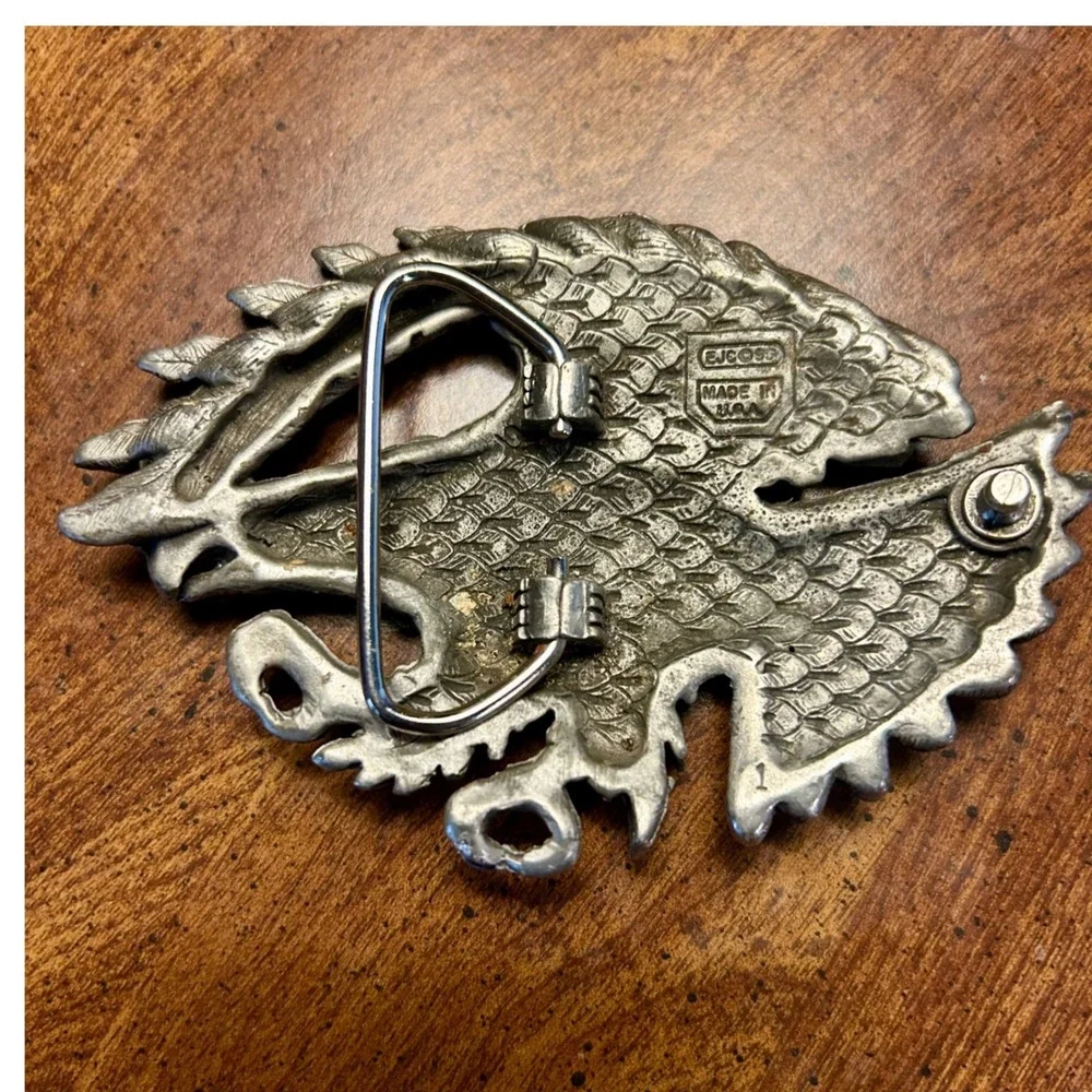 Vintage 1993 USA Made EJC Eagle Head Belt Buckle Silver Western Americana